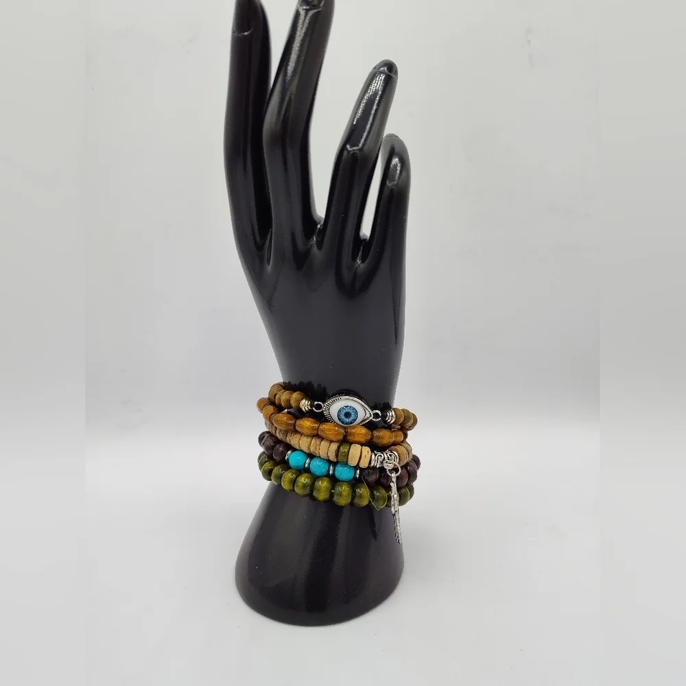 Hamsa Beaded 5-piece Bracelet Set with Turquoise & Silver Feather Dangle Detail - Picture 1 of 4